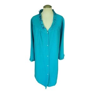 Vintage Kelly Reed Teal Ruffle Trim Button Down Nightshirt Pajama Robe M/L